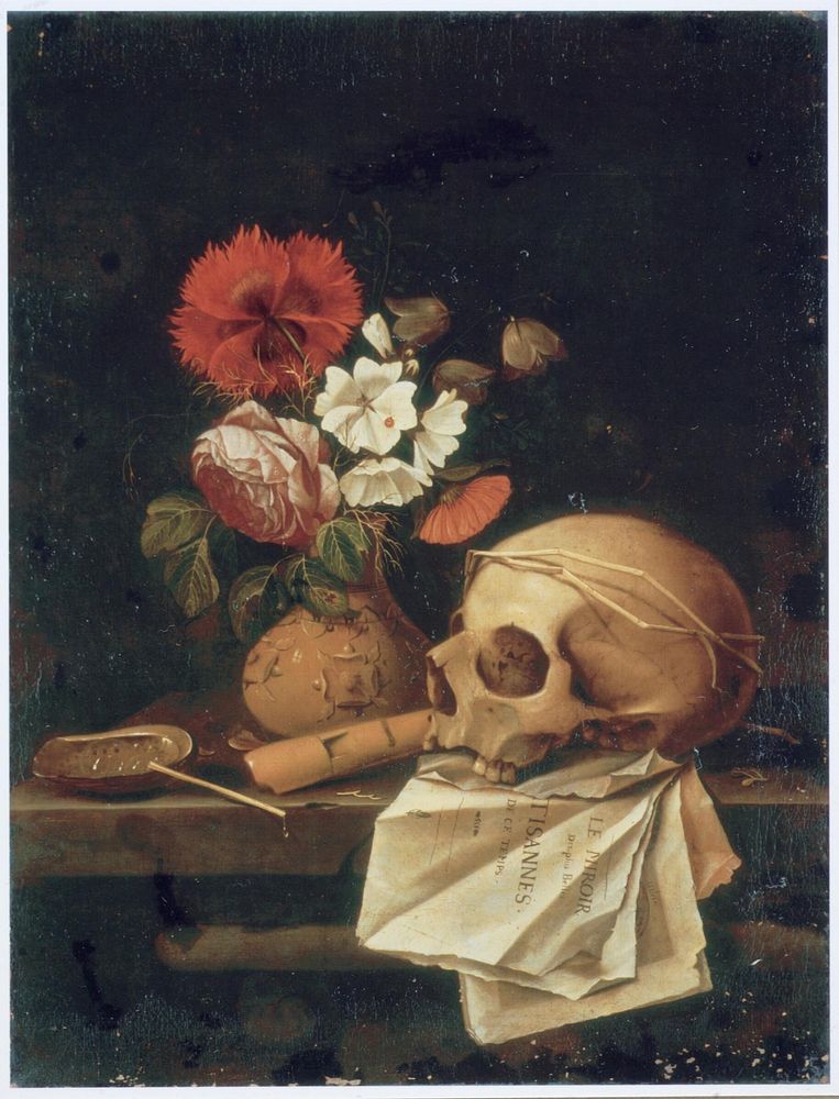 Vanitas with vase of flowers and skull on title page of Le miroir des plus belles courtisannes de ce temps (first published…