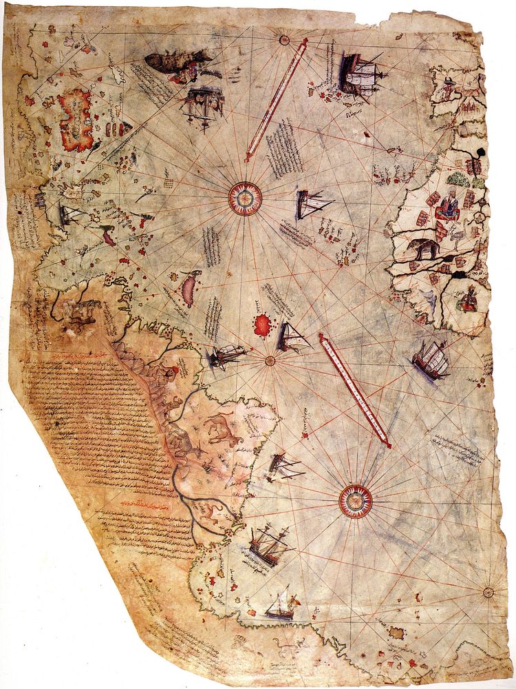 Map of the world by Ottoman admiral Piri Reis, drawn in 1513. Only half of the original map survives and is held at the…