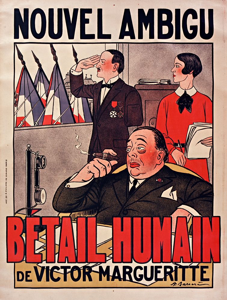 Poster (1920), by Adrien Barrère (1874-1931) for Bétail humain, by French writer Victor Margueritte (1866-1942).