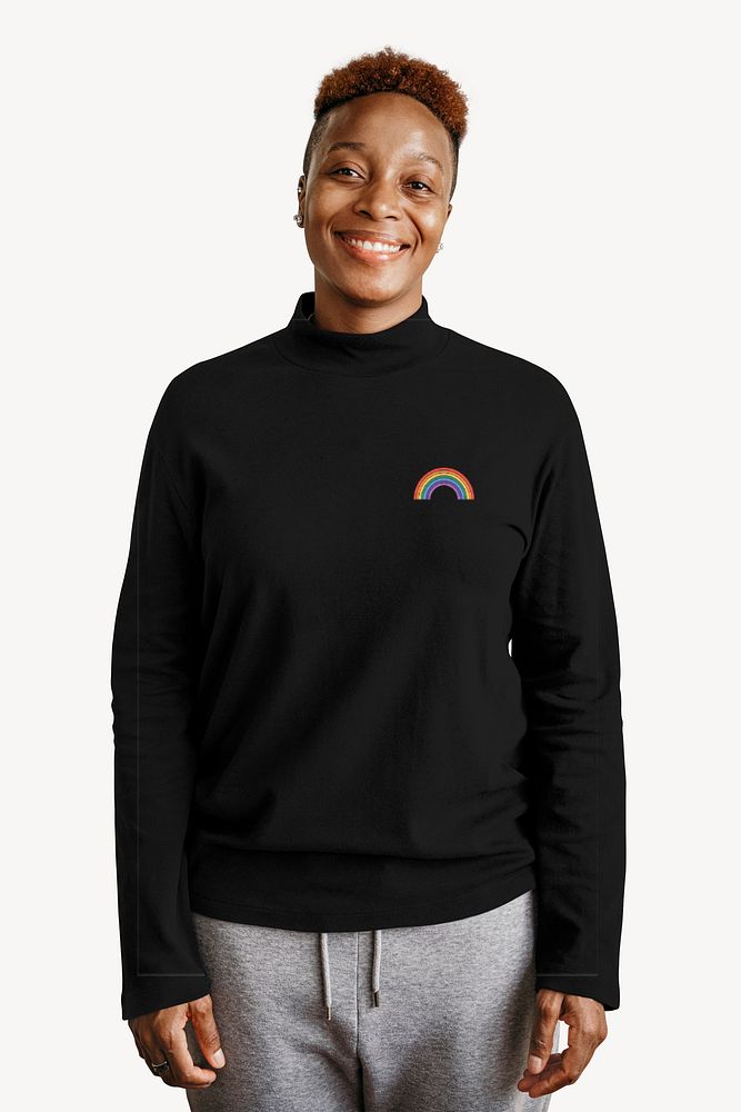 Black turtleneck sweater mockup, rainbow logo psd