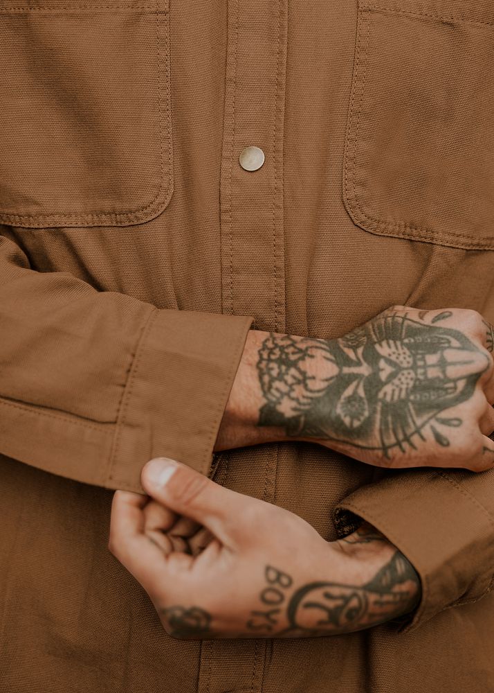 Jacket mockup psd on urban tattooed man model closeup