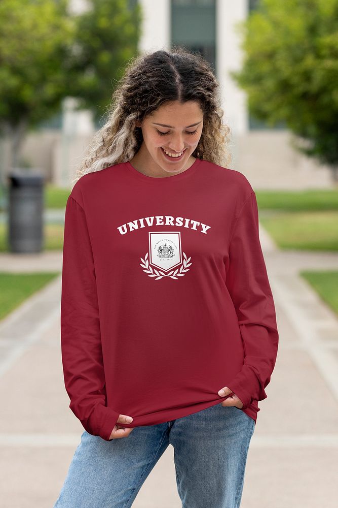 Long sleeve shirt mockup psd, college apparel for university students