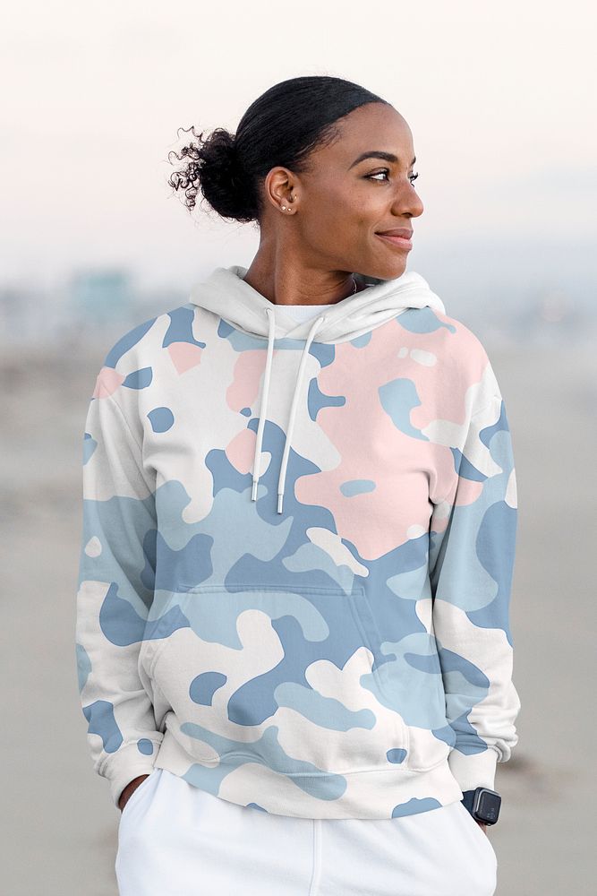 Cool hoodie mockup, customizable psd streetwear, African American woman by the Venice beach
