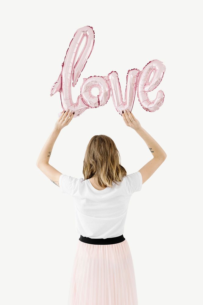 Woman holding a love balloon letters psd