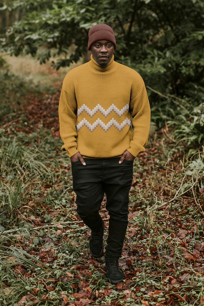 Turtleneck sweater mockup, men's autumn outfits design, full body, man in forest psd