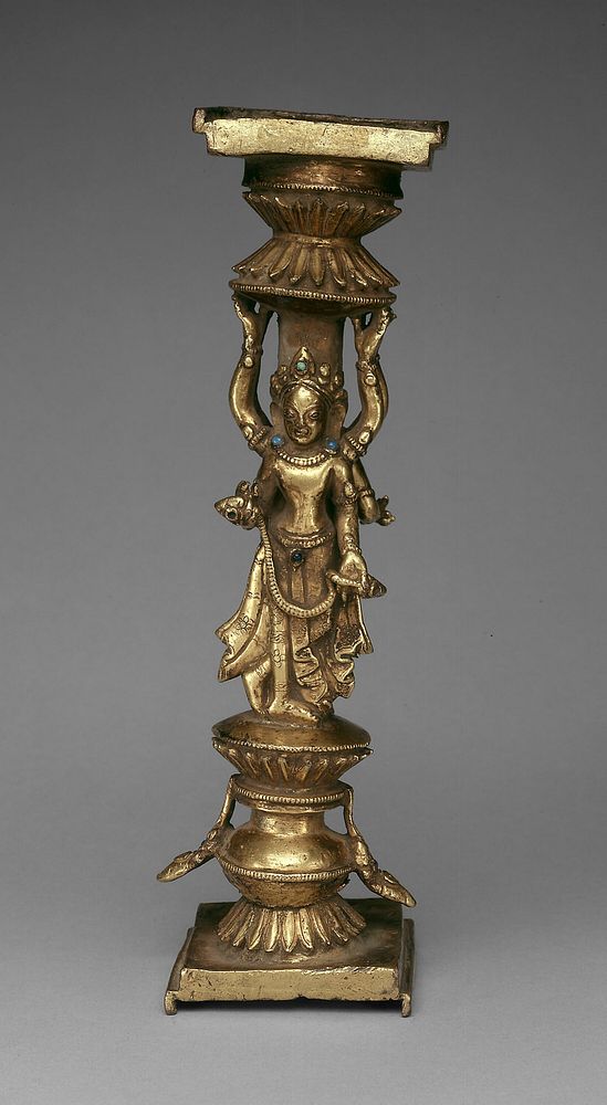 Pillar Support of an Addorsed Female Bodhisattva and an Offering Goddess