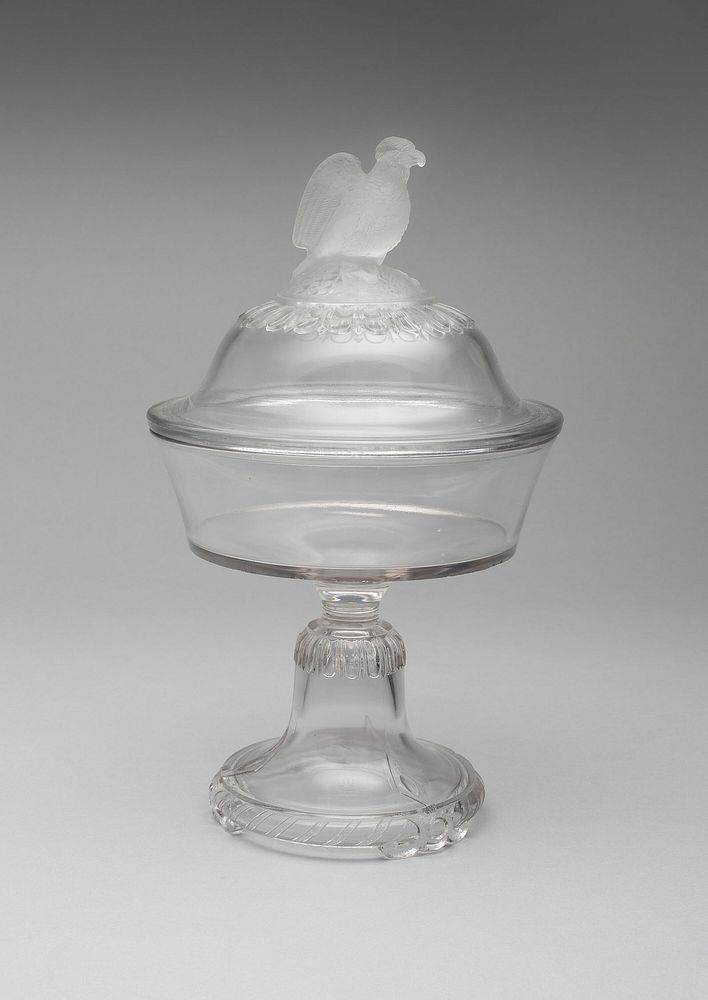 "Old Abe/Frosted Eagle" pattern medium covered compote on pedestal by Crystal Glass Company (Manufacturer)