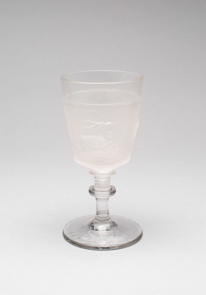"Westward Ho!/Pioneer" pattern goblet (one of a set of four) by Gillinder and Sons (Manufacturer)