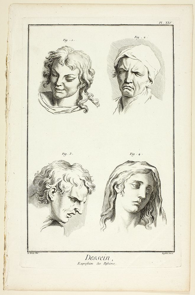 Drawing: Expressions of Emotion (Laughter, Weeping, Compassion, Sadness), from Encyclopédie by A. J. Defehrt