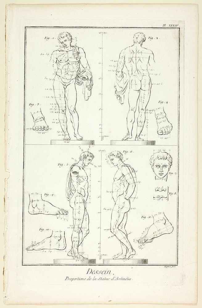 Design: Proportions of the Antinoüs Statue, from Encyclopédie by A. J. Defehrt