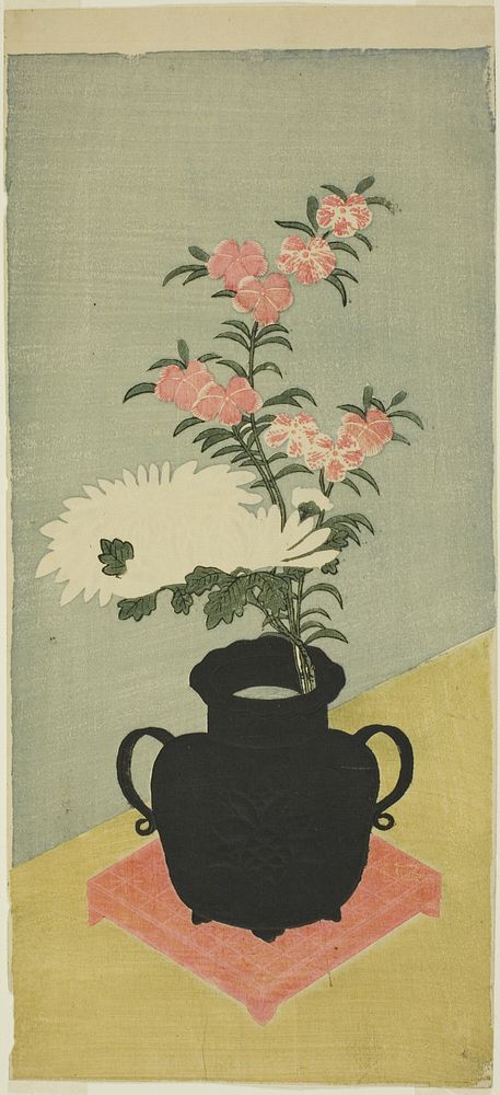 White Chrysanthemums and Pinks in a Black Vase by Ippitsusai Buncho