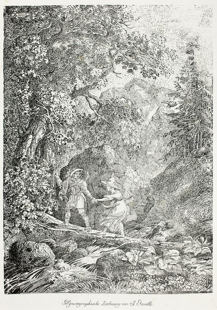 Hiker Crossing Over a Mountain Stream on a Tree Trunk with a Woman by Janus Genelli