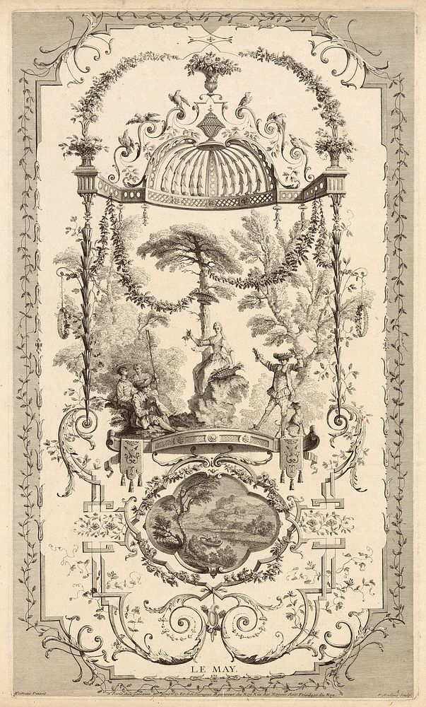 Le May, plate 100 from " L'Oeuvre d'Antoine Watteau" by Pierre Aveline