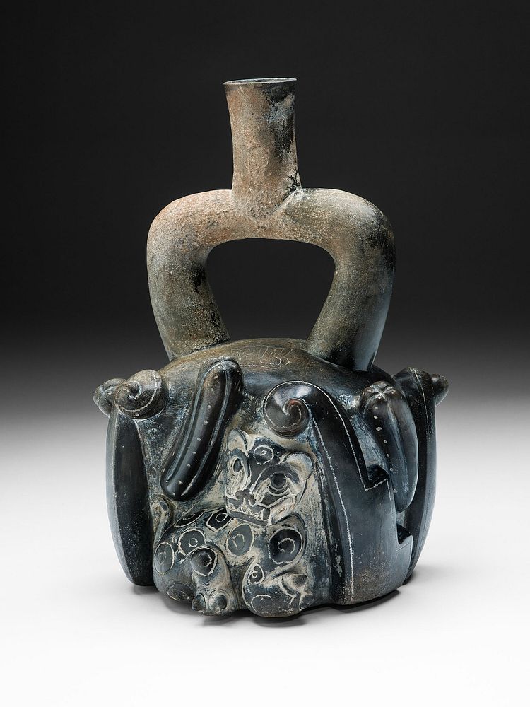 Stirrup-Spout Vessel with Feline and Cactus by Chavín