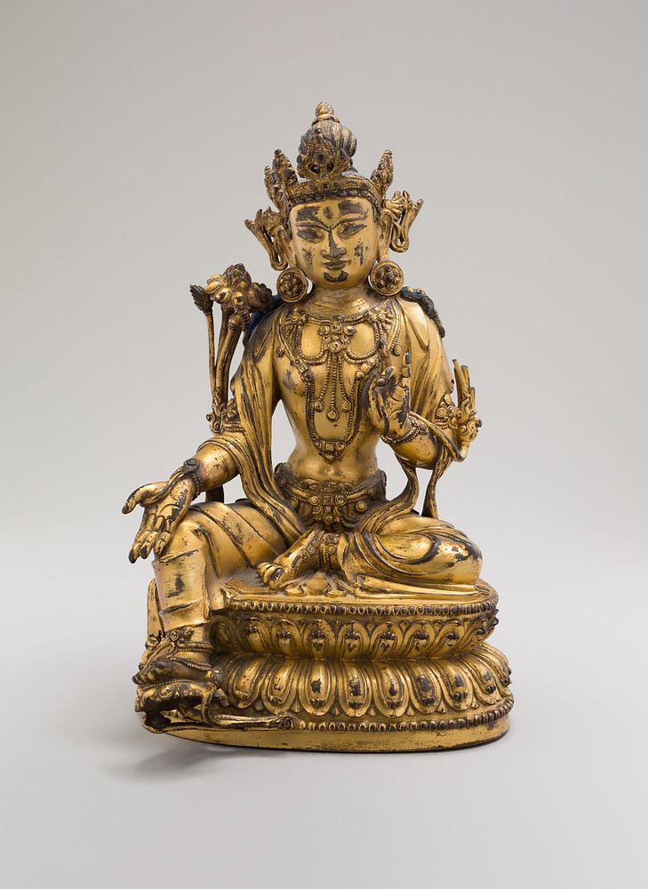Green Tara, Seated in Pose of Royal Ease (Lalitasana), with Lotus Stalks on Right Shoulder and Hands in Gestures of…