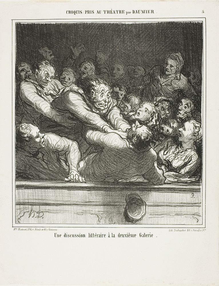A literary argument on the second tier, plate 3 from Croquis Pris Au Théatre par Daumier by Honoré-Victorin Daumier