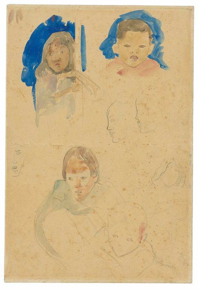 Sketches of Children, a Woman, and Profiles (recto), Sketches of Horses and Child (verso) by Paul Gauguin