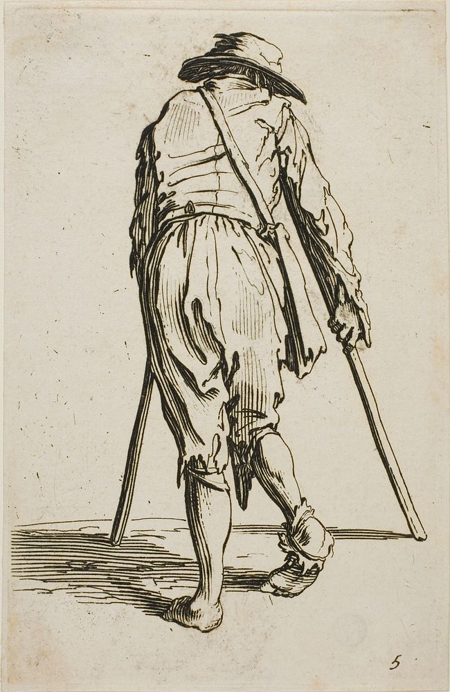 Beggar on Crutches and Wearing a Hat, seen from Back, plate five from The Beggars by Jacques Callot