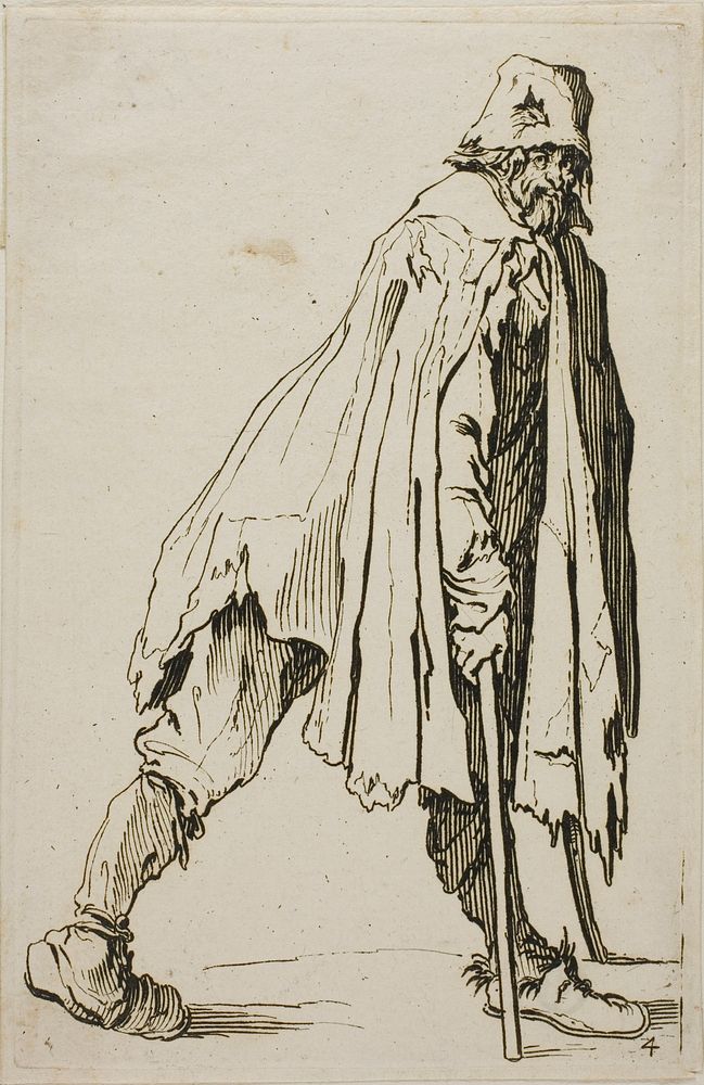 Beggar on Crutches Wearing a Hat, plate four from The Beggars by Jacques Callot