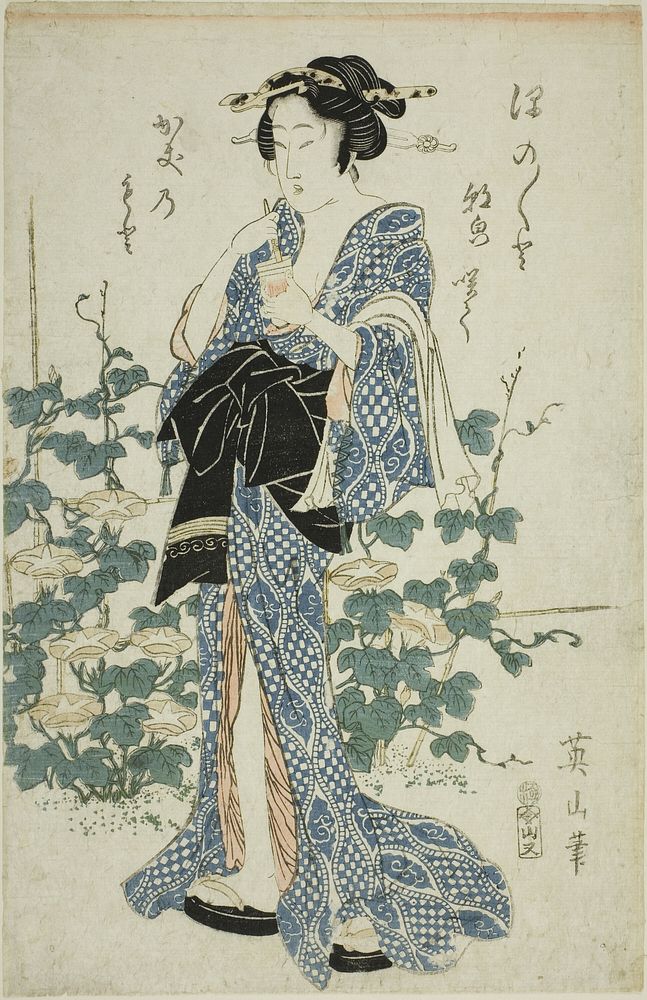 Beauty standing beside morning glories by Kikukawa Eizan