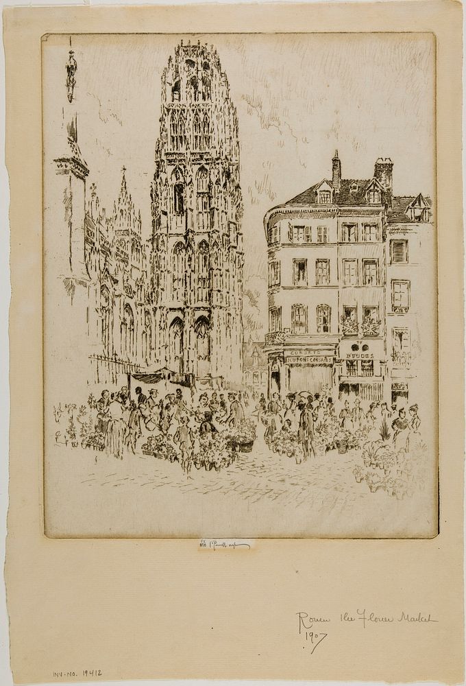 Flower Market and Butter Tower, Rouen by Joseph Pennell
