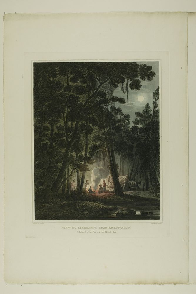 View By Moonlight, Near Fayetteville, plate three of the second number of Picturesque Views of American Scenery by John Hill