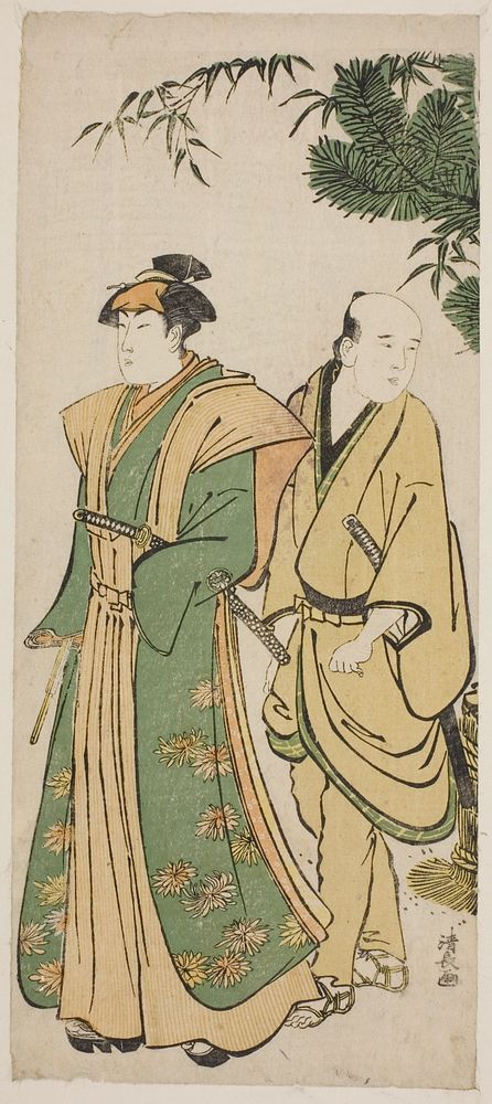 The Actor Segawa Kikunojo III and his attendant making cermonial rounds at New Year's by Torii Kiyonaga