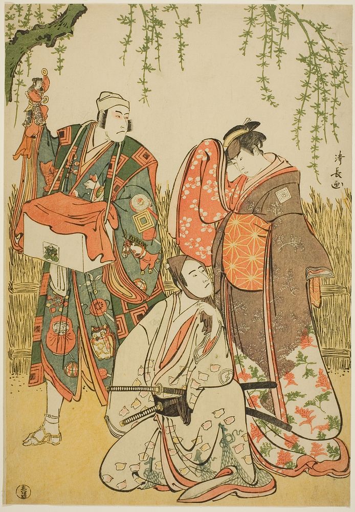 The Actors Ichikawa Yaozo III as Shiragiku, Ichikawa Danjuro V as the puppeteer Dekurokubei, and Sawamura Sojuro III as Soga…