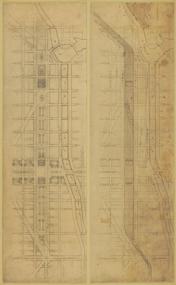 Plate 78 (2 Drawings) from The Plan of Chicago, 1909: Suggested Location and Arrangement of the Railway Passenger Stations…