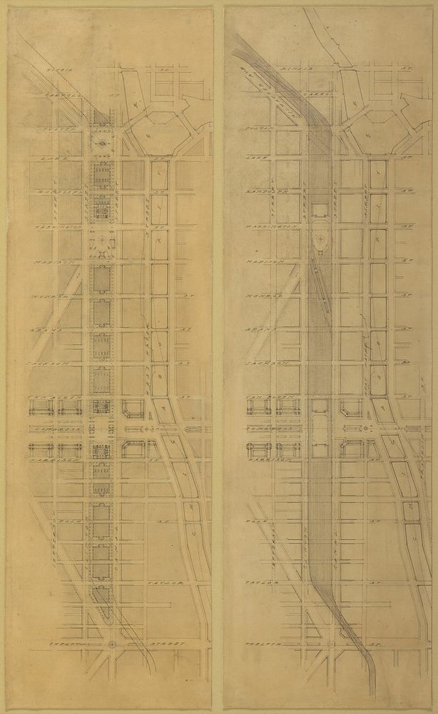 Plate 79 (2 Drawings) from The Plan of Chicago, 1909: Suggested Location and Arrangement of the Railway Passenger Stations…