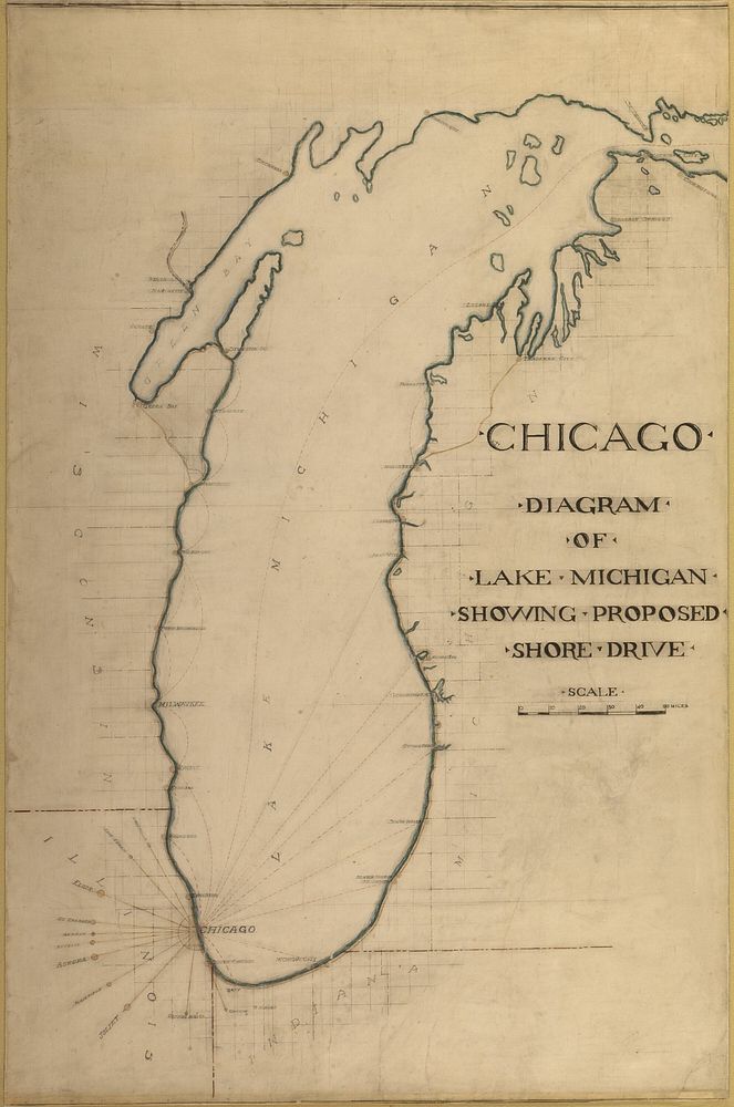 Plate 35 from Plan of Chicago 1909: Chicago, and Diagram of Lake Michigan. Proposed Roadway to connect all the towns along…