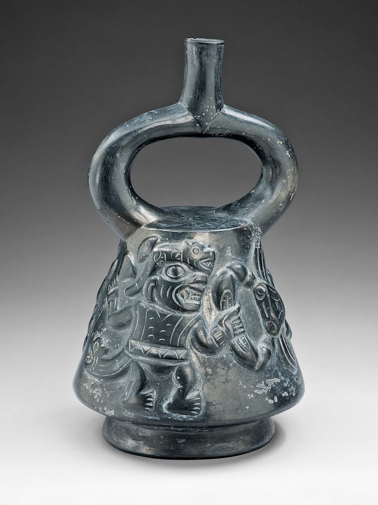 Blackware Vessel with a Relief Depicting a Figure Fighting a Crab by Moche