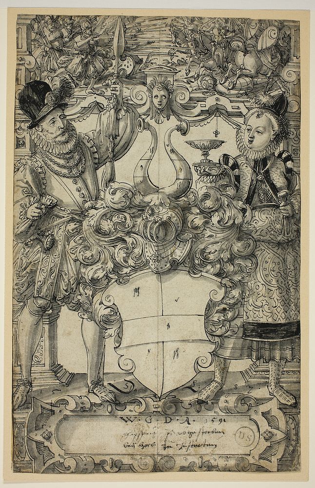 The Arms of Habsberg Flanked by an Elegant Couple by Daniel Lindtmayer, II