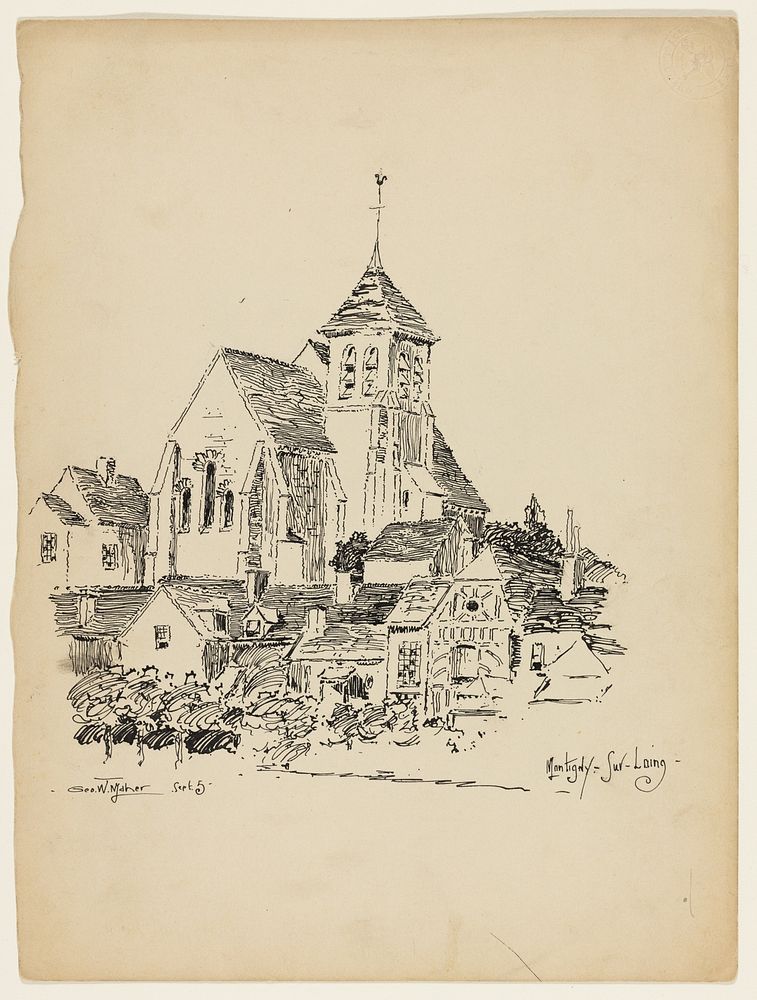 Church at Montigny-Sur-Loing, France, Travel Sketch by George Washington Maher