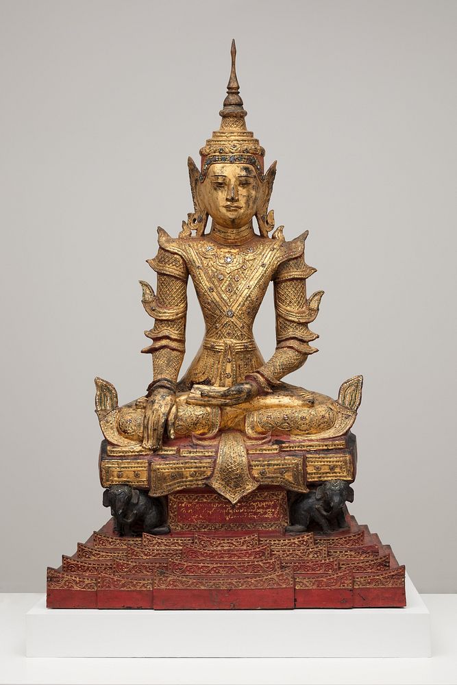 Crowned and Bejewelled Buddha Seated on an Elephant Throne