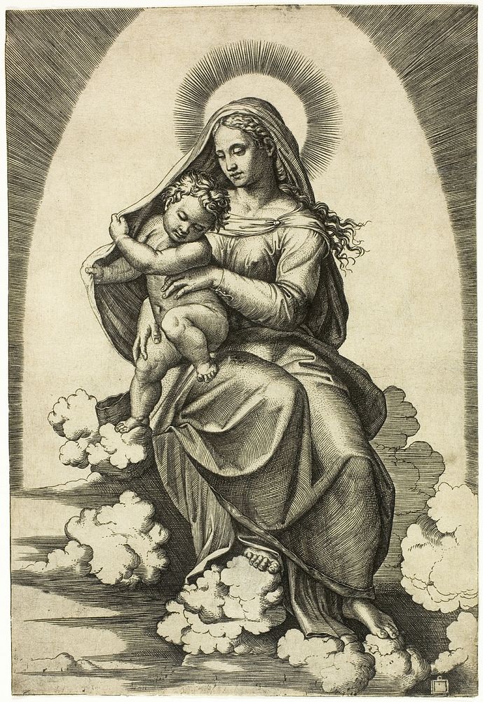 Virgin and Child Seated on Clouds by Marcantonio Raimondi