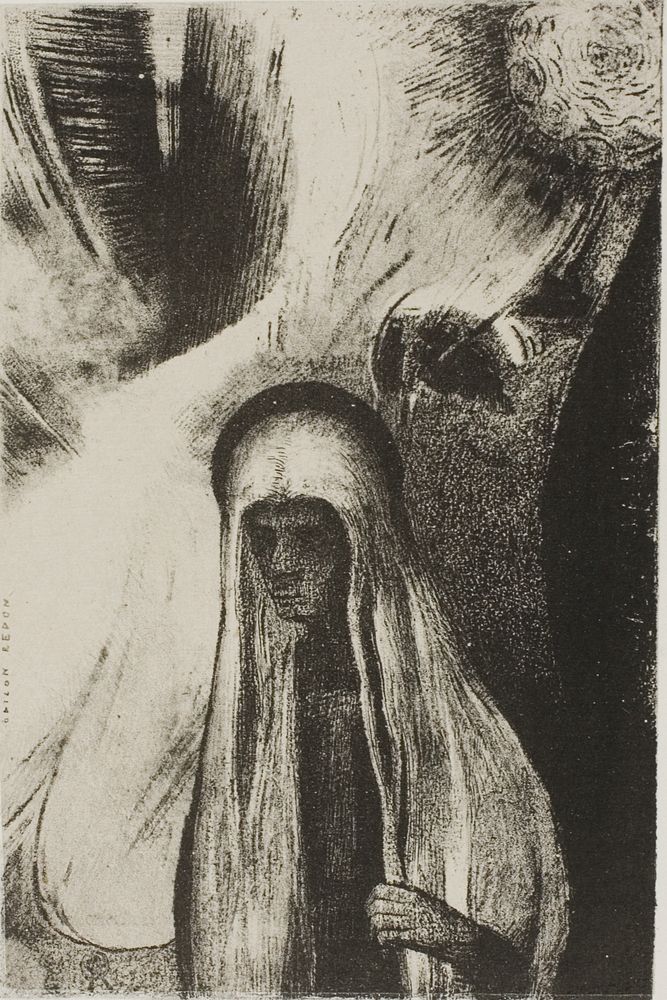 The Old Woman: "What are you afraid of? A wide black hole! It is empty, perhaps?", plate 19 of 24 by Odilon Redon