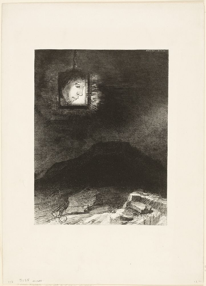 Precarious Glimmering, a Head Suspended from Infinity, plate 3 of 6 by Odilon Redon