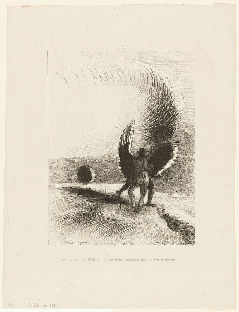 Beneath the Wing of a Shadow the Black Creature was Biting Energetically, plate 4 of 6 by Odilon Redon