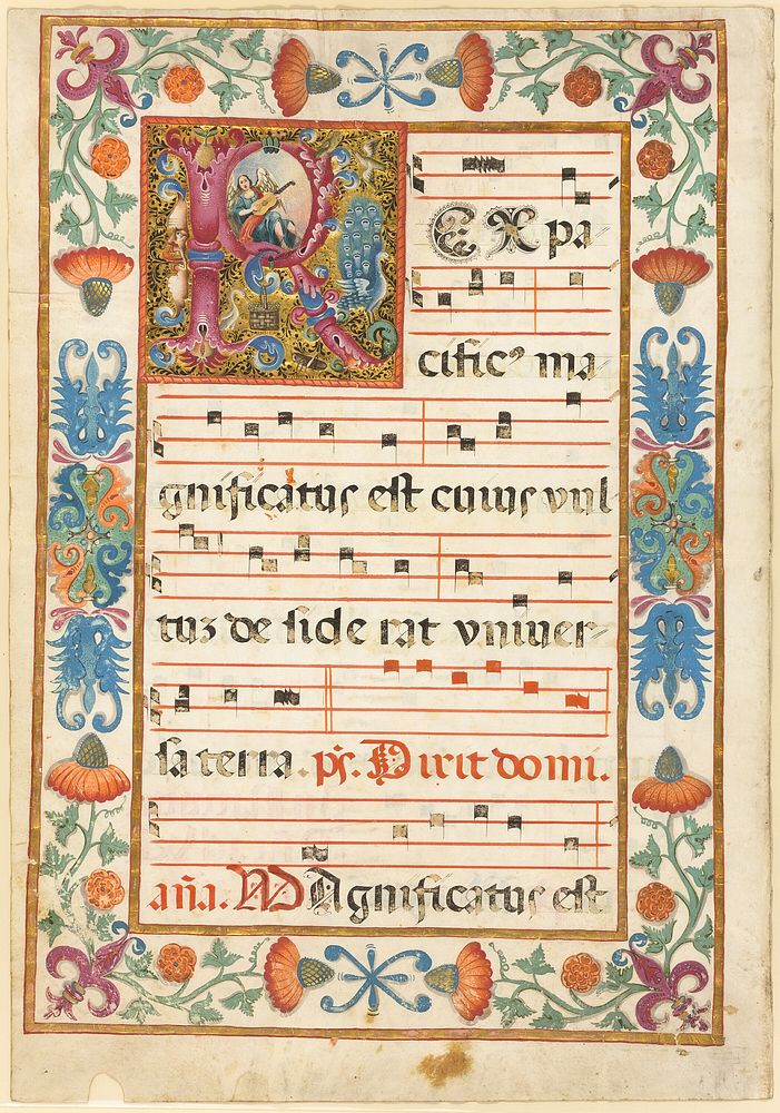 Angel Playing an Instrument in a Decorated Initial "R" with Flora, Fauna and Grotesque, from an Antiphonal