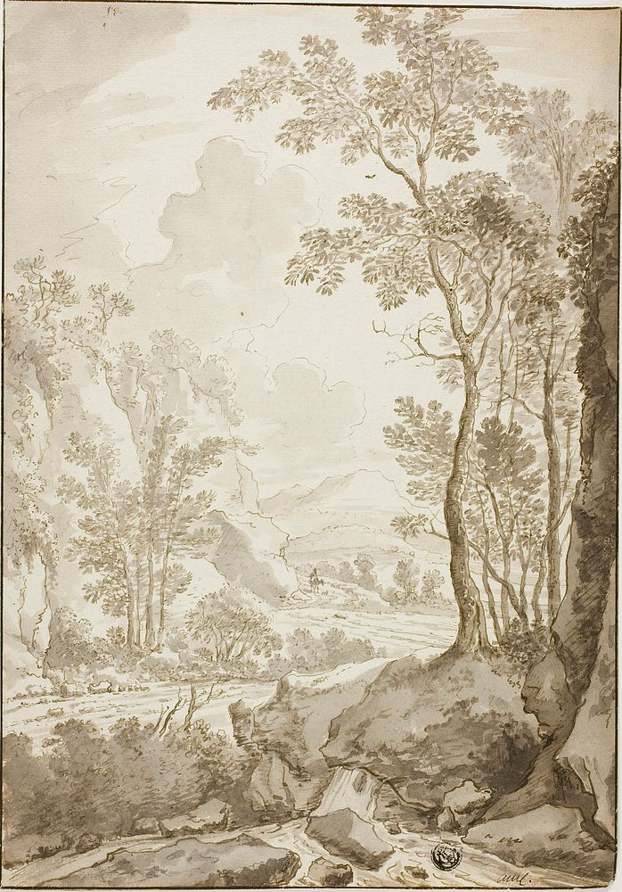 Landscape of Road through Trees and Hills; Figure on Donkey in Distance by Style of Jan Hackaert