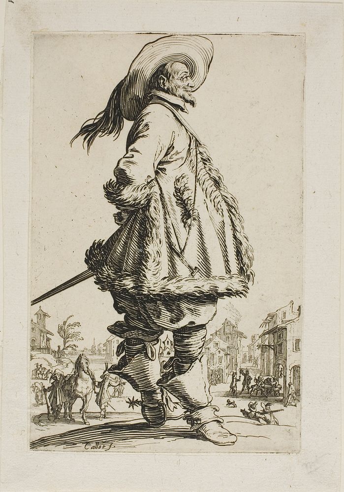 The Gentleman in a Fur-Trimmed Mantle, Holding his Hands Behind his Back, plate seven from La Noblesse by Jacques Callot