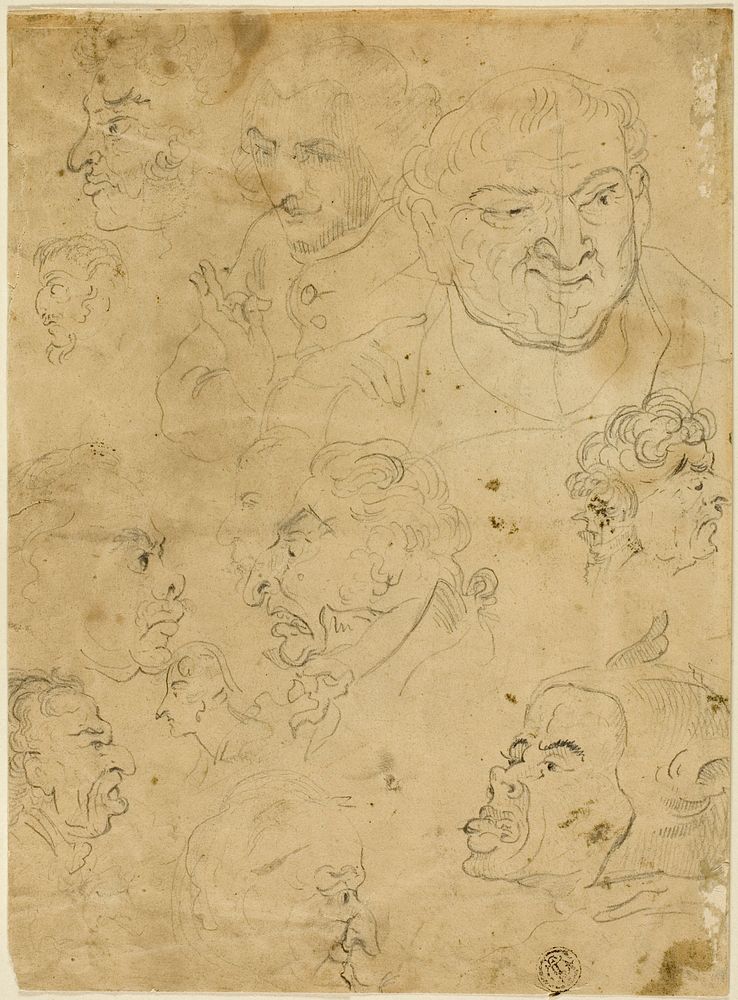 Sketches of Caricature Heads (recto), and Various Small Figures (verso) by George Woodward