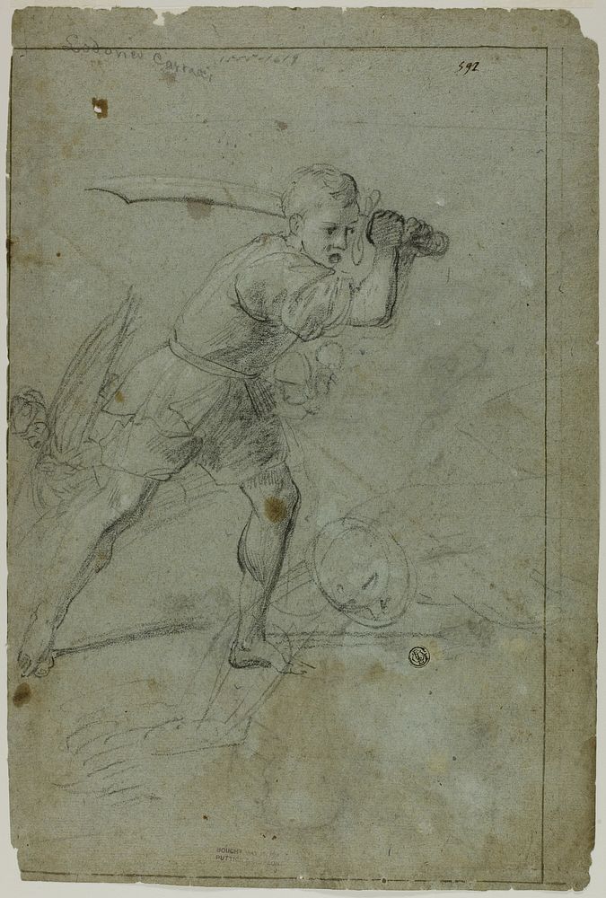 David Beheading Goliath (recto); Sketch of Draped Female Figure with Right Arm Raised Above Head (verso) by Domenico Fiasella