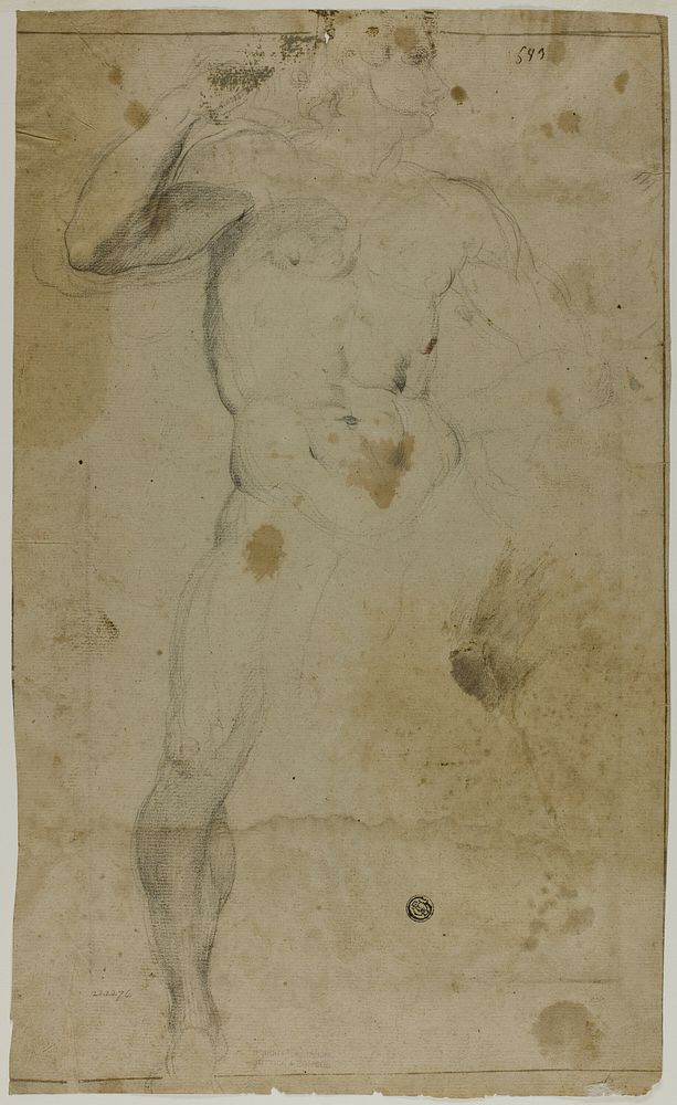 Standing Male Nude (recto); Two Half Length Male Figures, One with Raised Arm, the Other Praying (verso) by Domenico Fiasella