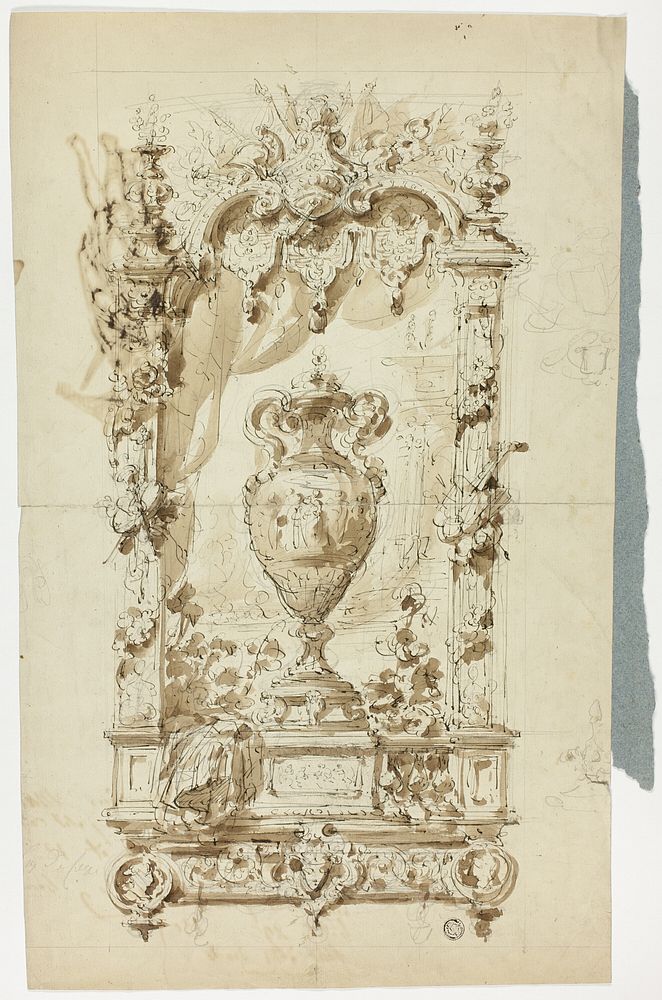 Monumental Vase in Ornamental Frame (recto); Sketch of Standing Man with Parasol and Parrot, and Architectural Studies…
