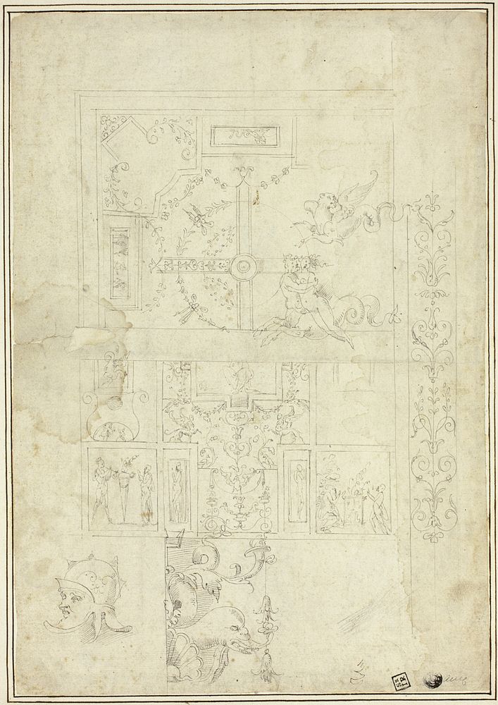 Ceiling Design, with Sketches of Ornamental Border, Helmeted Head (recto); Sketches of Ornamental Details (verso) by School…