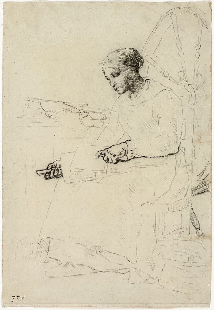 The Wool Carder (recto); Fragmentary Sketch of Man Standing by Fence (verso) by Jean François Millet