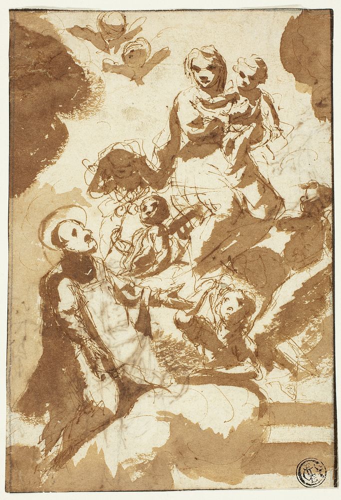 Virgin and Child on Clouds with Kneeling Male Saint (recto); Sketch of Two Female Figures (verso) by Unknown Bolognese