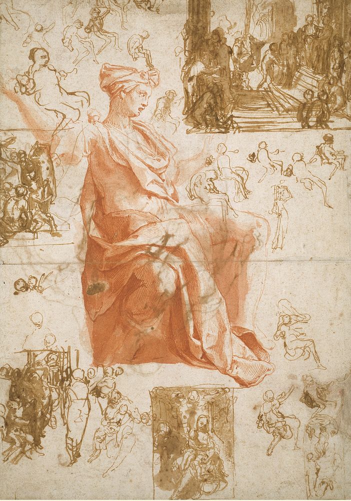Sheet of Studies for the Blinding of Elymas, Sacrifice at Lystra, and a Holy Family by Taddeo Zuccaro